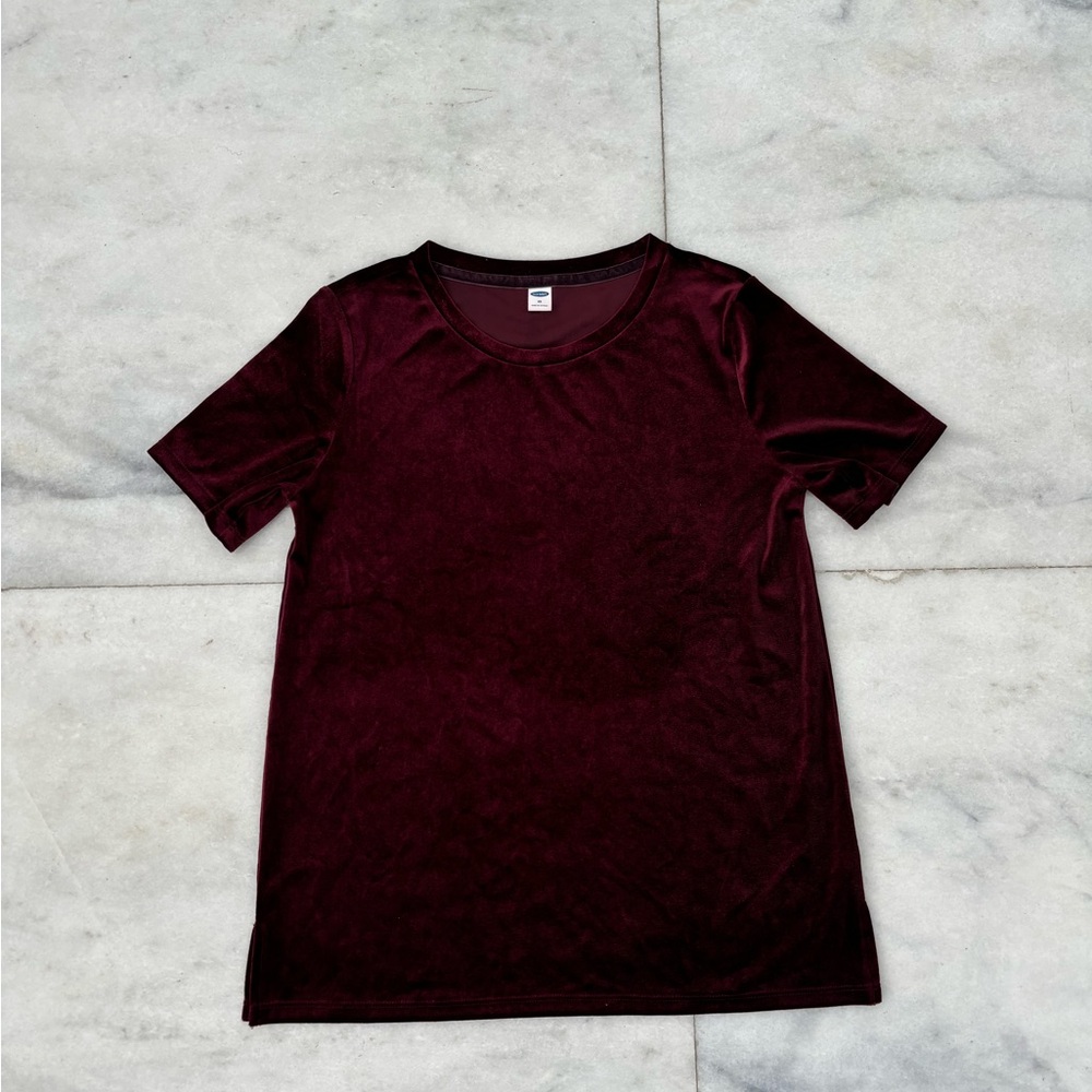 Old Navy Top Velvet Burgundy Short Sleeve Crew Neck Womens XS Whimsigoth Office